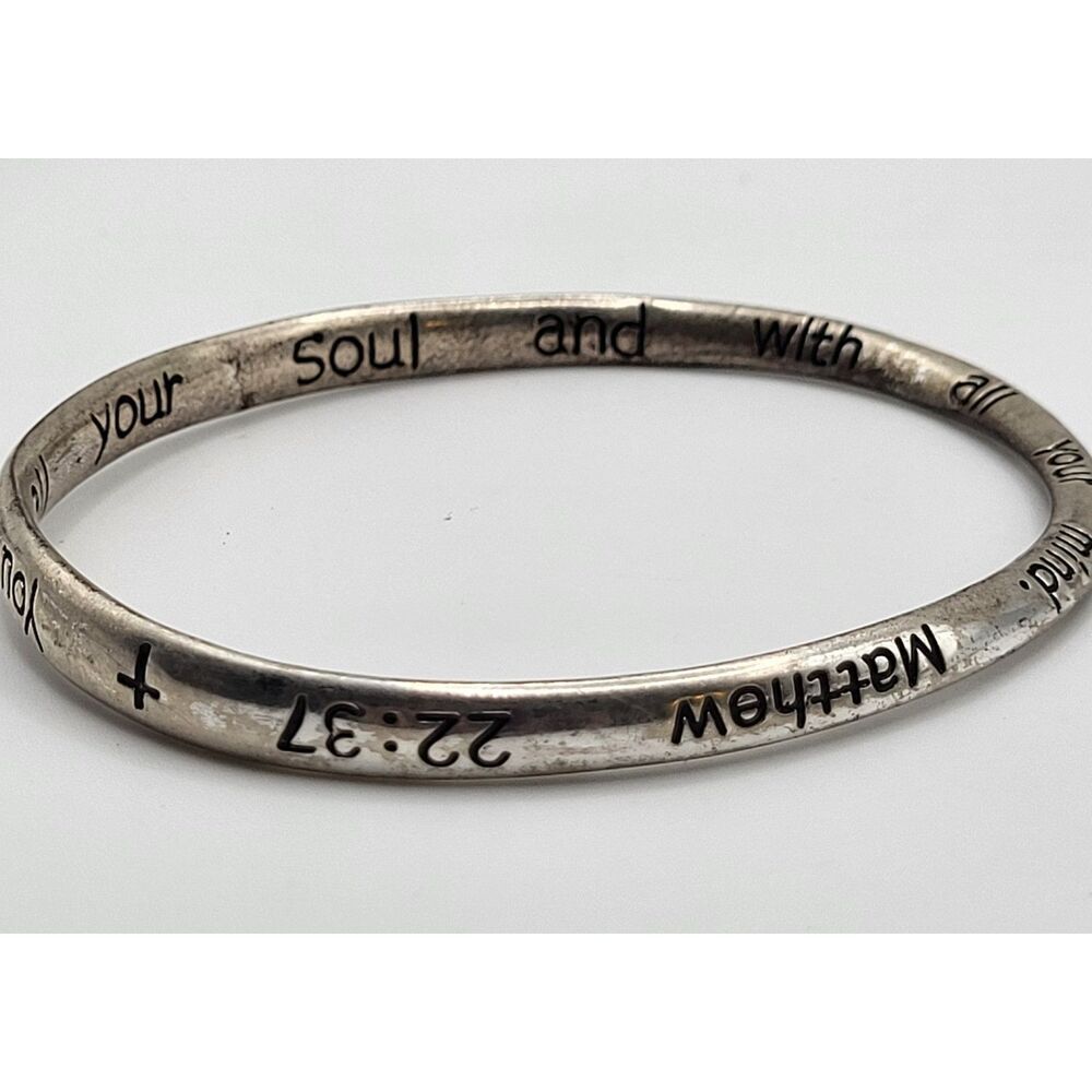 Matthew 22:37 Scripture Bangle Bracelet Silver tone 2.75in